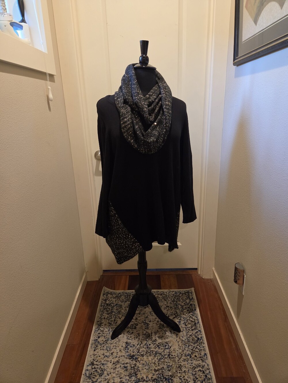 Style & Co Black Knit Cowl-Neck Sweater with Metallic Detail Detachable Scarf